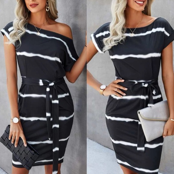 Boho striped boat neck belted casual dress - Picture 3 of 3